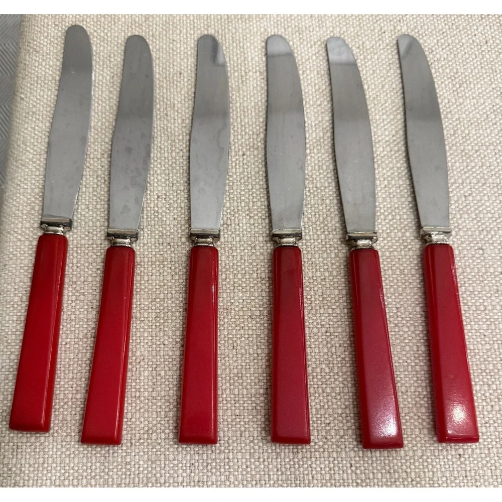 Vtg Bakelite Red Handle Stainless Steel Knives Set of 6 Mid Century Modern Knife